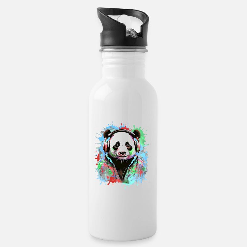Panda, Kopfhörer,panda mit kopfhörer, illustration - Trinkflasche mit integriertem Trinkhalm - Weiß