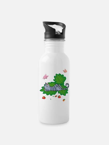 Erdbeerzeit, Naschkatze - Trinkflasche mit integriertem Trinkhalm - Weiß