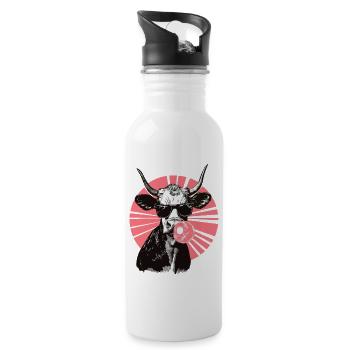 Kuh mit Brille und pinkem Kaugummi - Trinkflasche mit integriertem Trinkhalm - Weiß - Rechts
