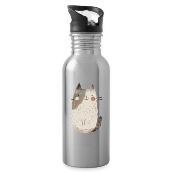 Cute Whimsical Cat Illustration - Adorable Animal - Water bottle with straw - silver - Right