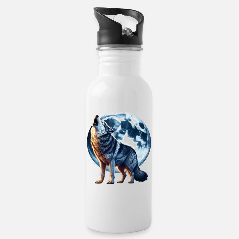 Wolf heult den Vollmond an - Trinkflasche mit integriertem Trinkhalm - Weiß