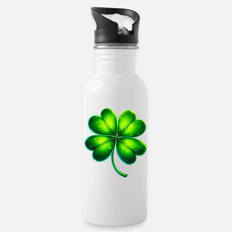Vierblättriges Kleeblatt - Trinkflasche mit integriertem Trinkhalm - Weiß