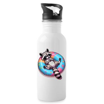 Ein relaxter Waschbär auf einem Schwimmreifen - Trinkflasche mit integriertem Trinkhalm - Weiß - Rechts