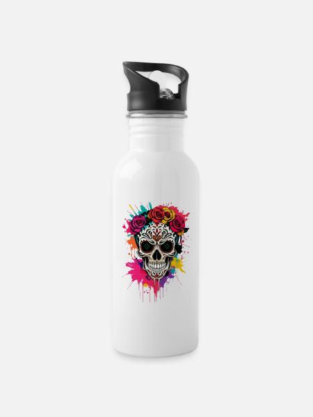 Viva Vida Skull - Trinkflasche mit integriertem Trinkhalm - Weiß