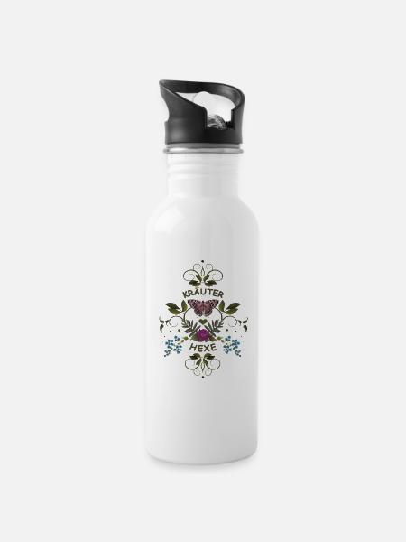 Kräuterhexe Hexe - Trinkflasche mit integriertem Trinkhalm - Weiß