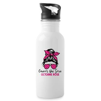 Cancer du Sein Octobre Rose Ruban Femme Sensibilis - Gourde avec paille intégrée - blanc - Droite