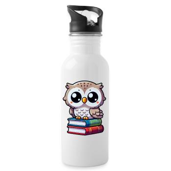 Eule auf Büchern - Trinkflasche mit integriertem Trinkhalm - Weiß - Rechts