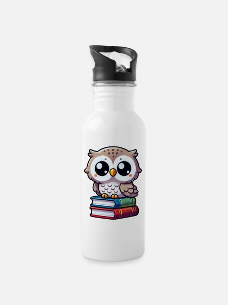 Eule auf Büchern - Trinkflasche mit integriertem Trinkhalm - Weiß
