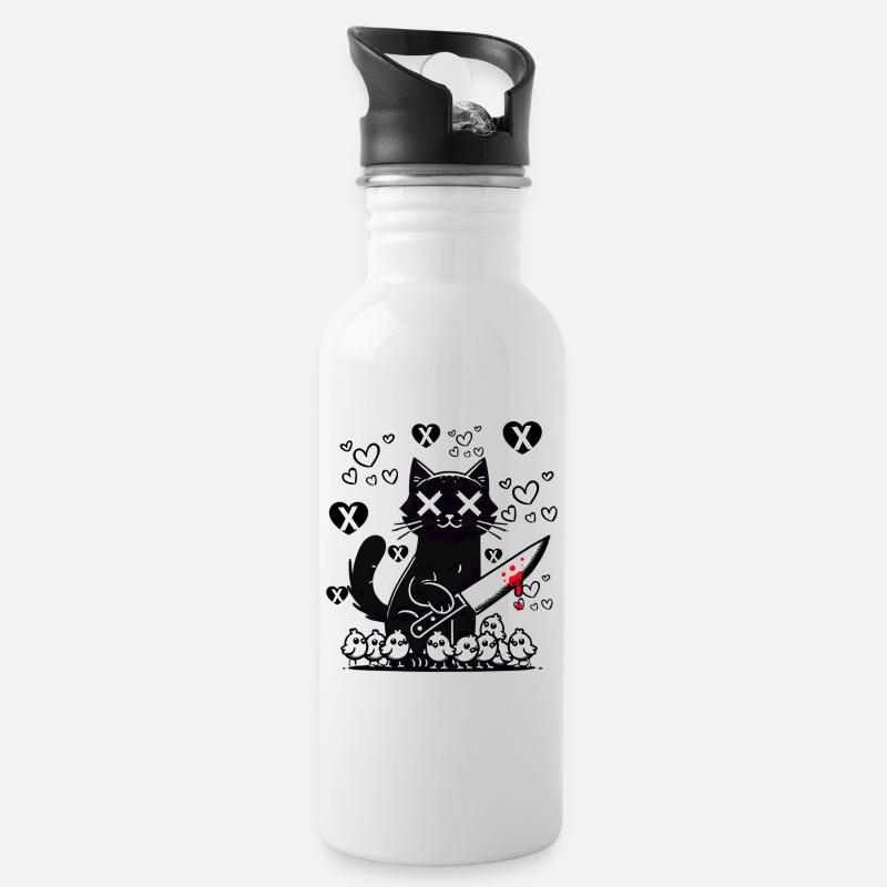 "Süße und böse schwarze Katze - Herzen und Messer" - Trinkflasche mit integriertem Trinkhalm - Weiß