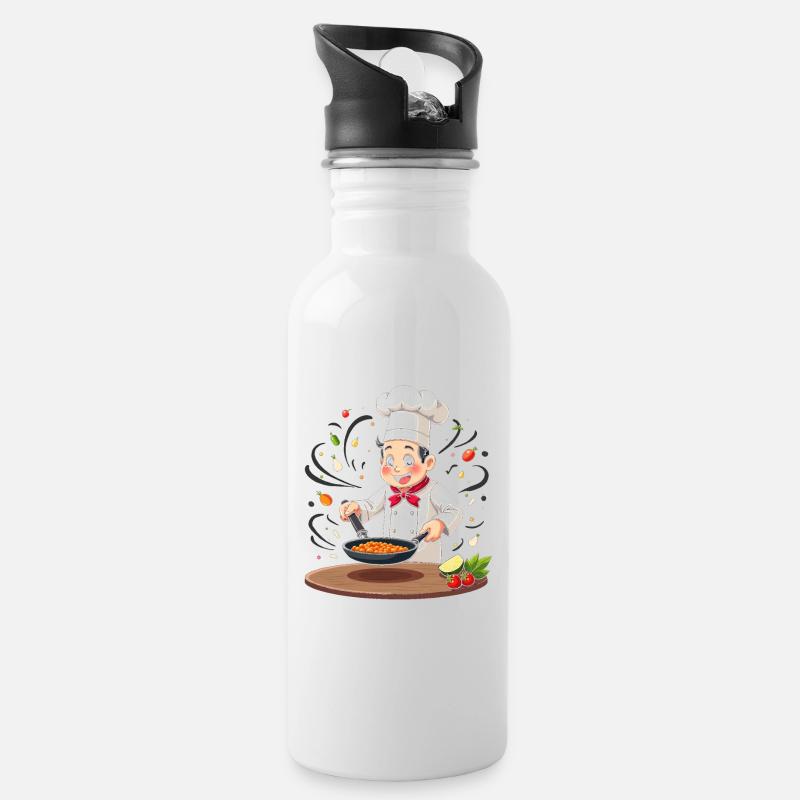 Cooking boy with pan - Water bottle with straw - white