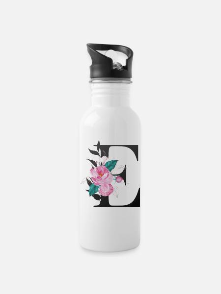 Eleganter Buchstabe 'E' mit Blumen - Trinkflasche mit integriertem Trinkhalm - Weiß