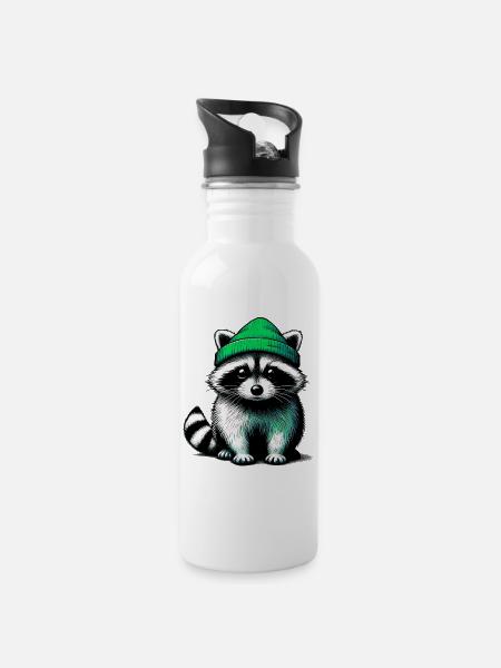 Waschbär - Trinkflasche mit integriertem Trinkhalm - Weiß