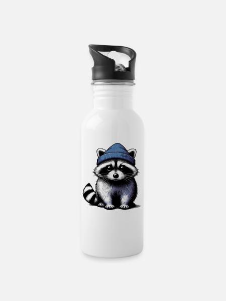 Waschbär - Trinkflasche mit integriertem Trinkhalm - Weiß