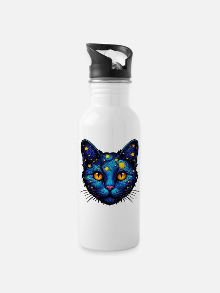Katze - Trinkflasche mit integriertem Trinkhalm - Weiß