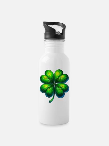 Vierblättriges Kleeblatt - Trinkflasche mit integriertem Trinkhalm - Weiß