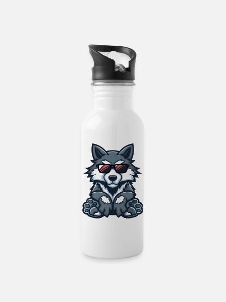 Wolf Comic Cool - Trinkflasche mit integriertem Trinkhalm - Weiß