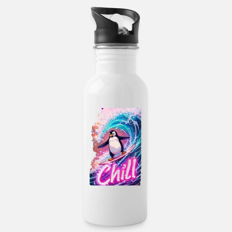 Surfing Pinguin - Trinkflasche mit integriertem Trinkhalm - Weiß