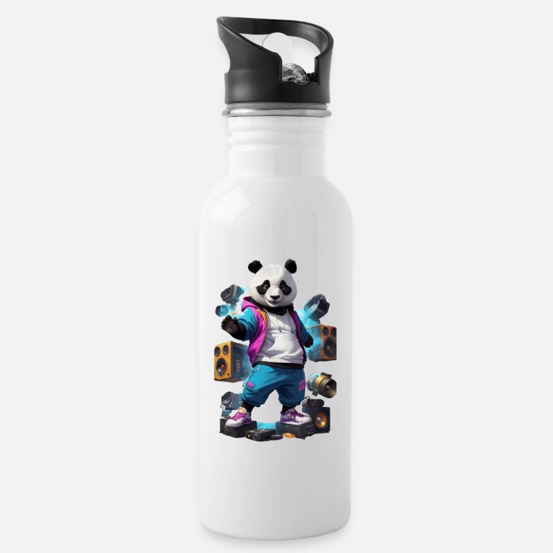 Breakdance Panda - Trinkflasche mit integriertem Trinkhalm - Weiß