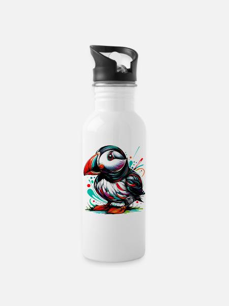 Papageitaucher - Trinkflasche mit integriertem Trinkhalm - Weiß