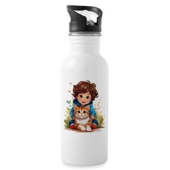 Cute child playing with a cat - Water bottle with straw - white - Right
