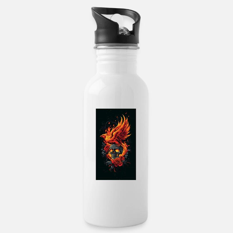 Phönixschädel in Flammen und Rosen - Trinkflasche mit integriertem Trinkhalm - Weiß