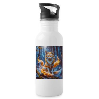 Eleganter mehrschwänziger Kitsune mit leuchtendem Fuchsfeuer - Trinkflasche mit integriertem Trinkhalm - Weiß - Rechts