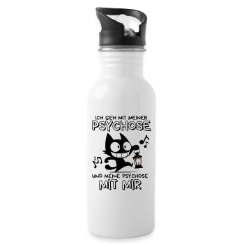Psychose mit mir – Schwarze Katze mit Wahnsinn - Trinkflasche mit integriertem Trinkhalm - Weiß - Rechts