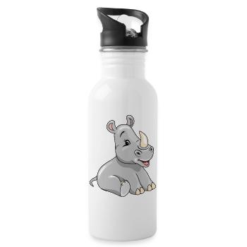 Cartoon sitting smiling baby rhino - Water bottle with straw - white - Right