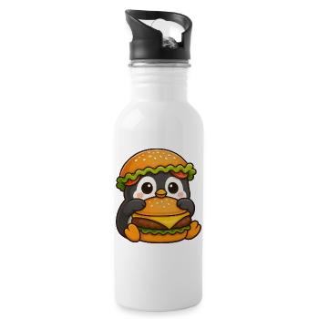 Cute Penguin with Hamburger Cheeseburger Fast Food - Water bottle with straw - white - Right
