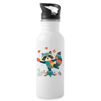 Playful raccoon happily juggling apples - Water bottle with straw - white - Right