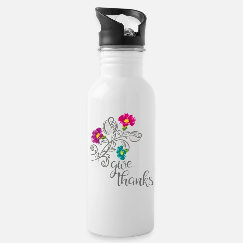 give thanks - Trinkflasche mit integriertem Trinkhalm - Weiß