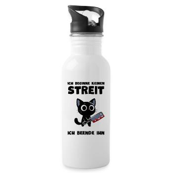 Katze mit Messer – Ich beende jeden Streit - Trinkflasche mit integriertem Trinkhalm - Weiß - Rechts