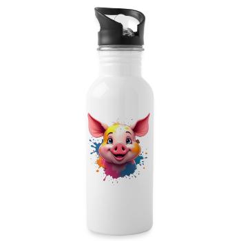 Niedlicher Schweinekopf mit Farbsplashs - Trinkflasche mit integriertem Trinkhalm - Weiß - Rechts