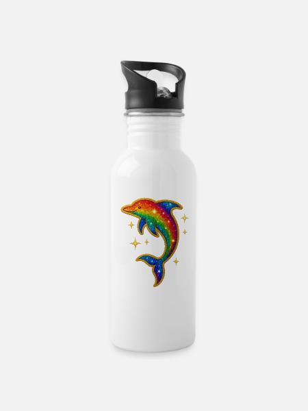 Regenbogen Delfin Glitzerpracht - Trinkflasche mit integriertem Trinkhalm - Weiß