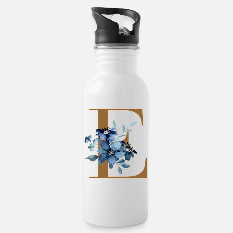 E floral – Lettre dorée avec des fleurs - Gourde avec paille intégrée - blanc
