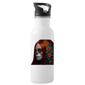 Floral Sugar Skull Portrait - Water bottle with straw - white - Right