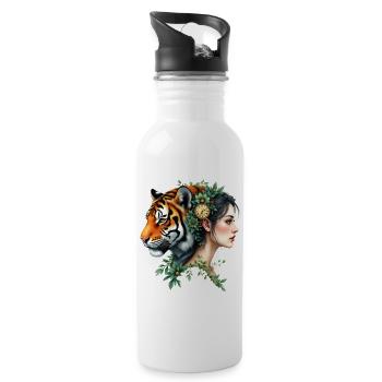 Floral Tiger Woman with Watch - Water bottle with straw - white - Right