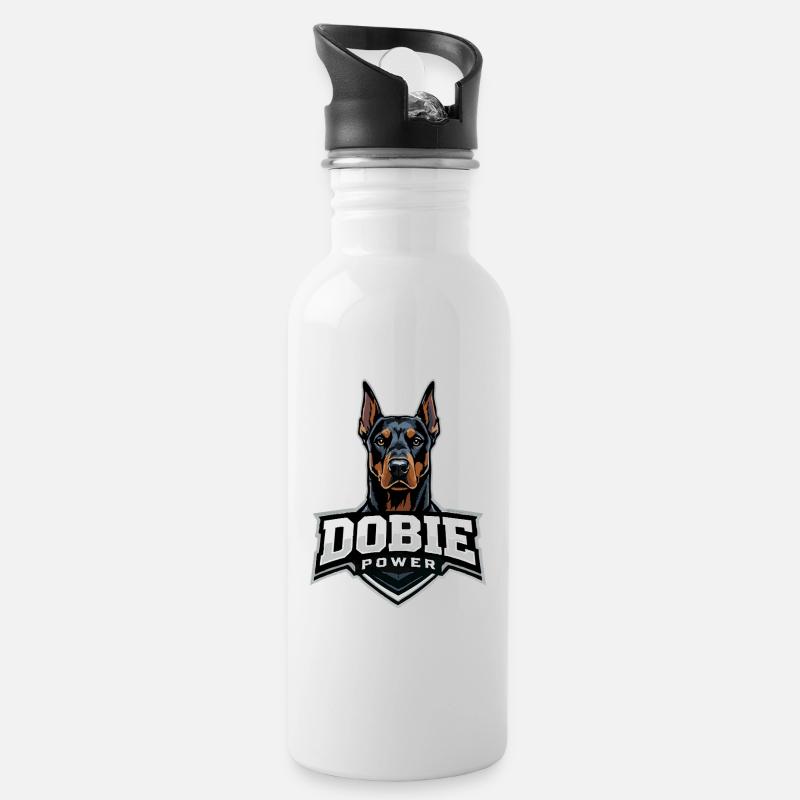 Dobie Power Dobermann Motiv - Trinkflasche mit integriertem Trinkhalm - Weiß