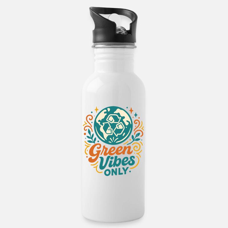 Grüne Vibes Pur - Trinkflasche mit integriertem Trinkhalm - Weiß