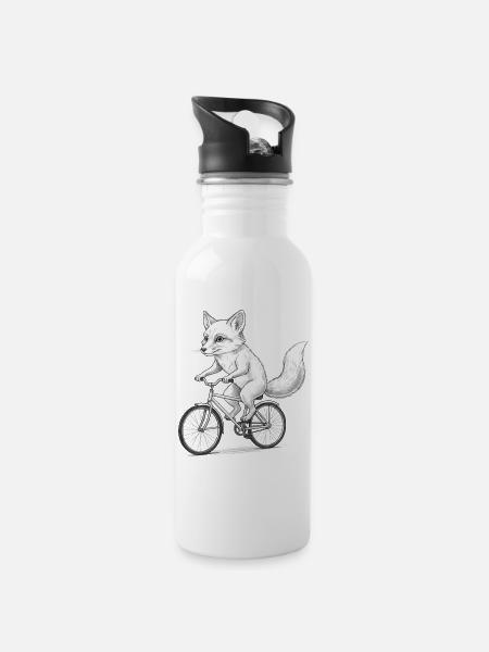Fox-Radfahrer-Sketch auf dem Fahrrad - Trinkflasche mit integriertem Trinkhalm - Weiß