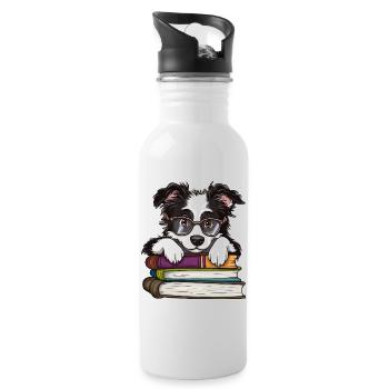 Süßes Border Collie Hundelesebuch mit Brille - Trinkflasche mit integriertem Trinkhalm - Weiß - Rechts