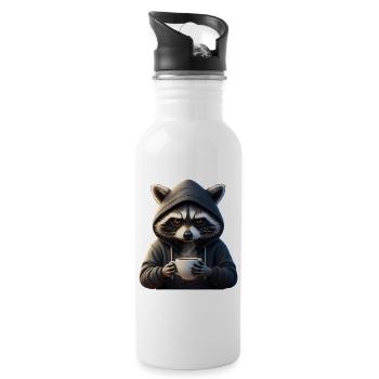 Grimmiger Kaffee-Waschbär im Hoodie Artwork - Trinkflasche mit integriertem Trinkhalm - Weiß - Rechts
