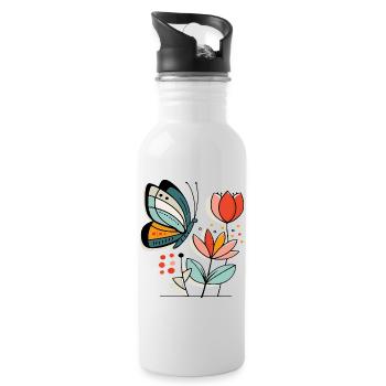 Schmetterling fliegt zu Blüten - Trinkflasche mit integriertem Trinkhalm - Weiß - Rechts