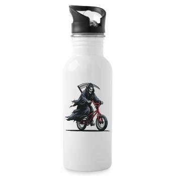 Sensenmann auf Fahrrad – dunkles Humor Motiv - Trinkflasche mit integriertem Trinkhalm - Weiß - Rechts
