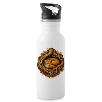 Schlafender Fuchs im Wurzelbau – Waldmotiv - Trinkflasche mit integriertem Trinkhalm - Weiß - Rechts