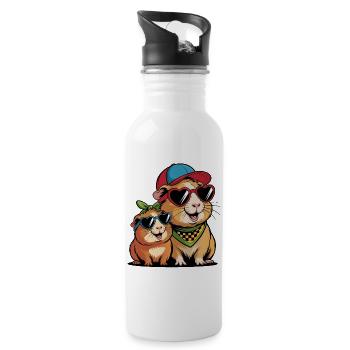 Cute Guinea Pig Friends – Funny Animal Motif - Water bottle with straw - white - Right