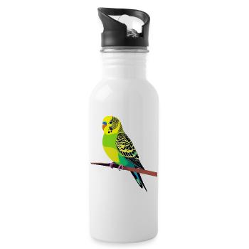 Bunter Wellensittich auf Ast Motiv gelb grün blau - Trinkflasche mit integriertem Trinkhalm - Weiß - Rechts