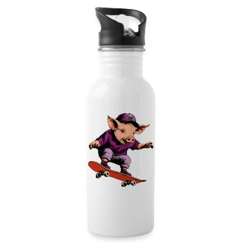 Schweine Skateboard / Skater Schwein - Trinkflasche mit integriertem Trinkhalm - Weiß - Rechts