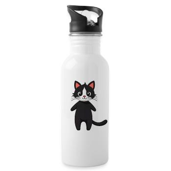 Schwarze Katze - Trinkflasche mit integriertem Trinkhalm - Weiß - Rechts