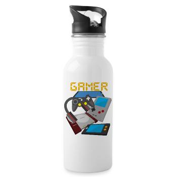 Retro Gamer Devices Mix – Gaming Nostalgie - Trinkflasche mit integriertem Trinkhalm - Weiß - Rechts